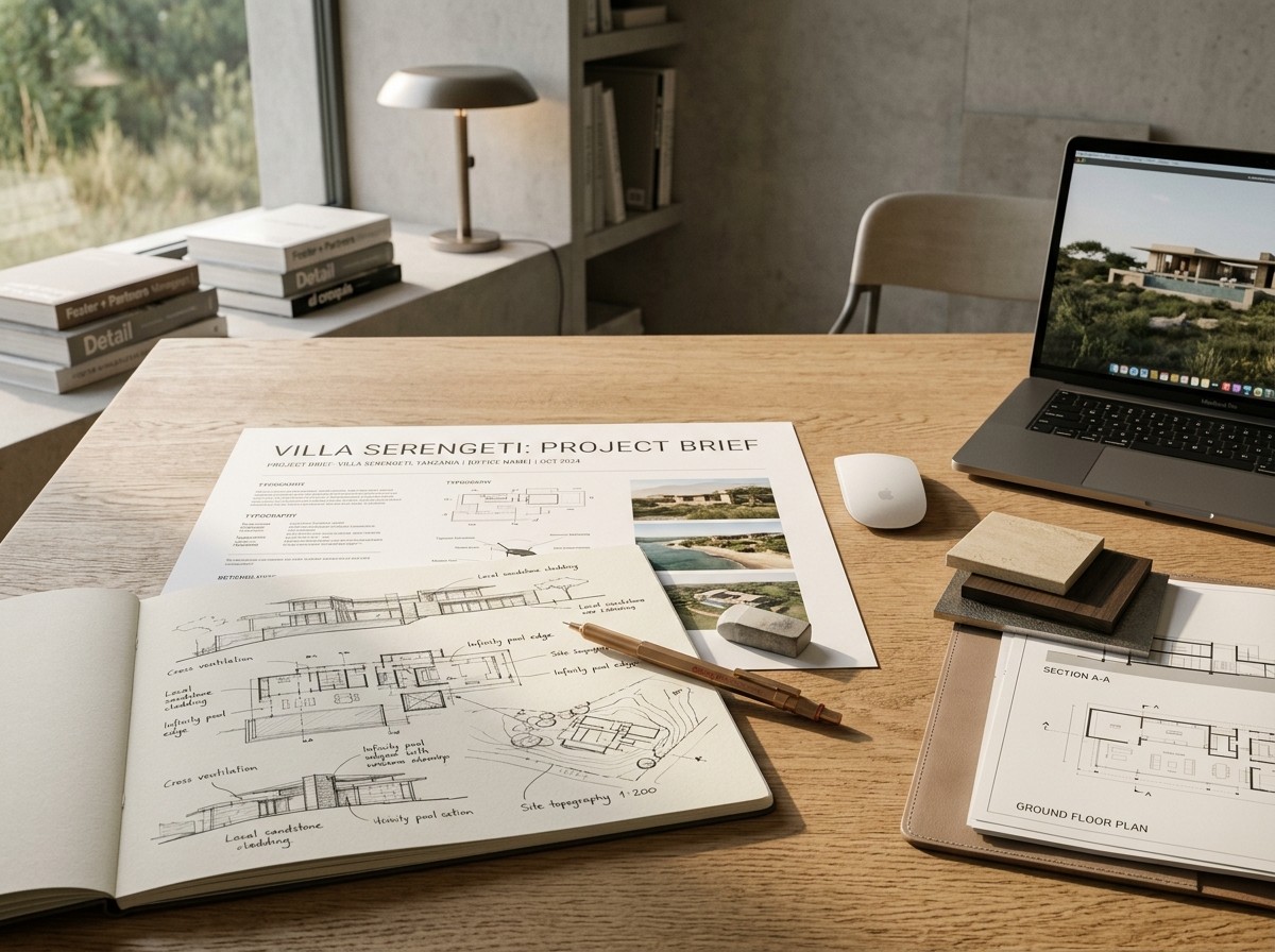 A studio desk with the Villa Serengeti project brief, sketches, and material samples