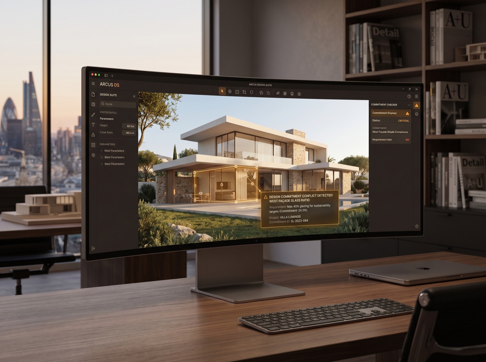A design suite flagging a design commitment conflict on a large monitor