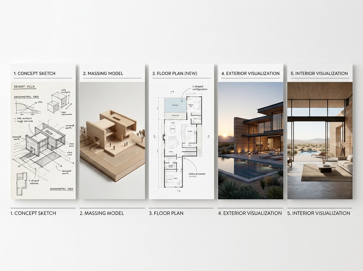 One concept evolving across concept sketch, massing model, floor plan, exterior and interior visualizations