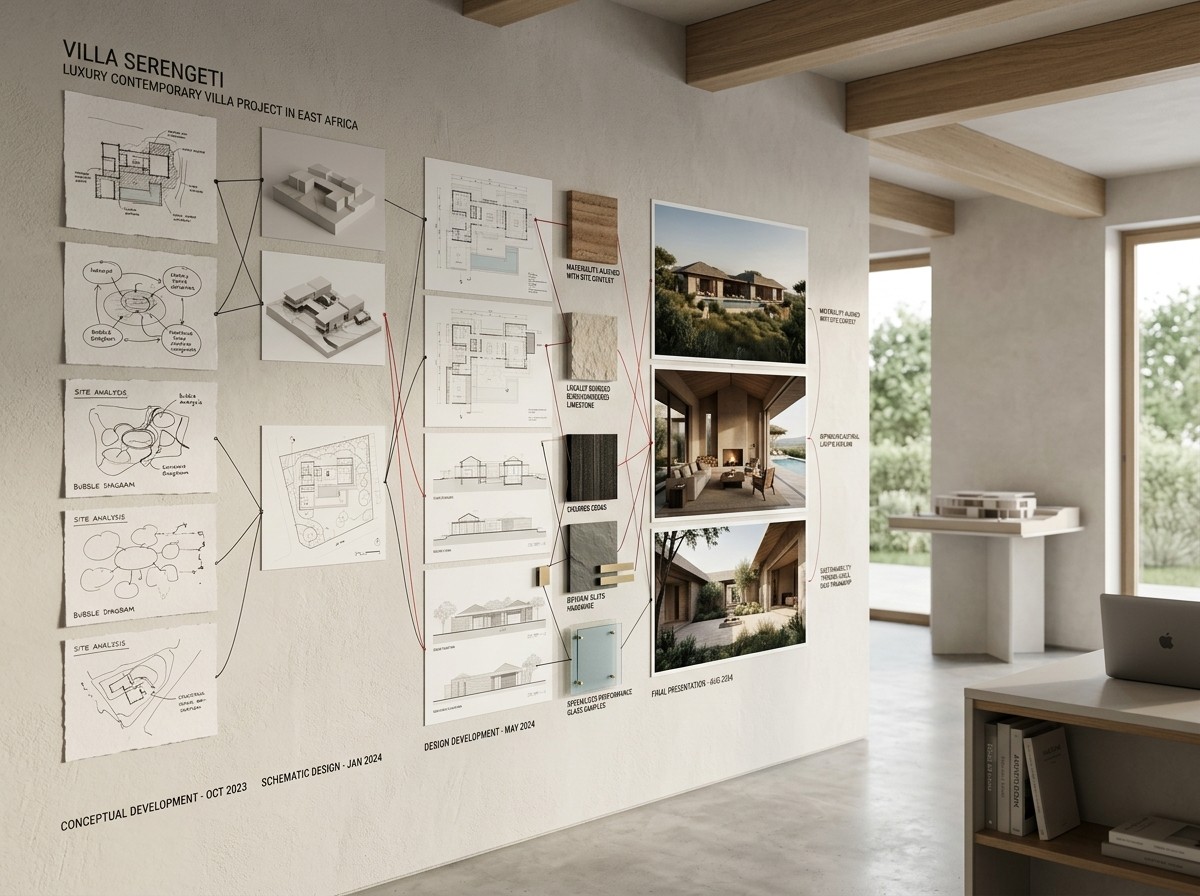 A wall of pinned project boards tracing a project from conceptual development to final presentation